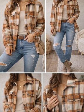 Automet Plaid Shacket Jacket XS Brown Cream Cozy Button Down Oversized Fall